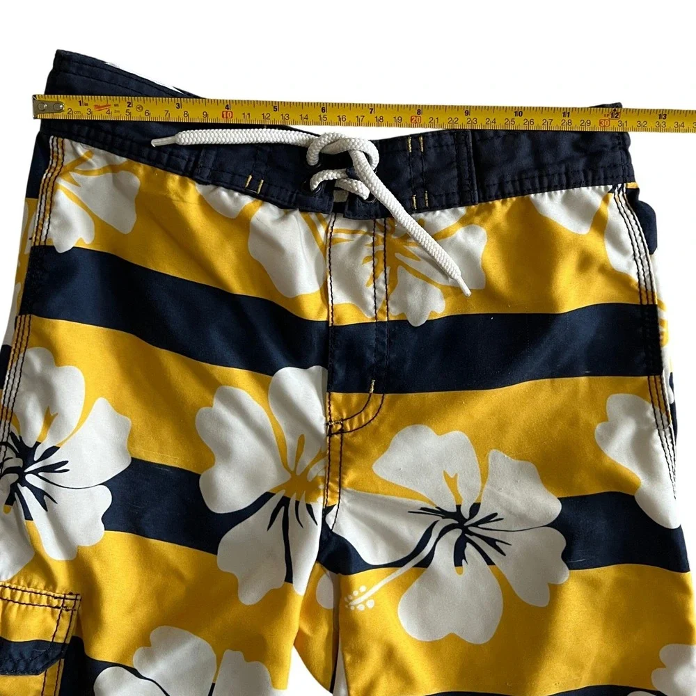 Gymboree Swim Trunks Size 7 Yellow Navy Blue Excellent Hibiscus Striped Cargo